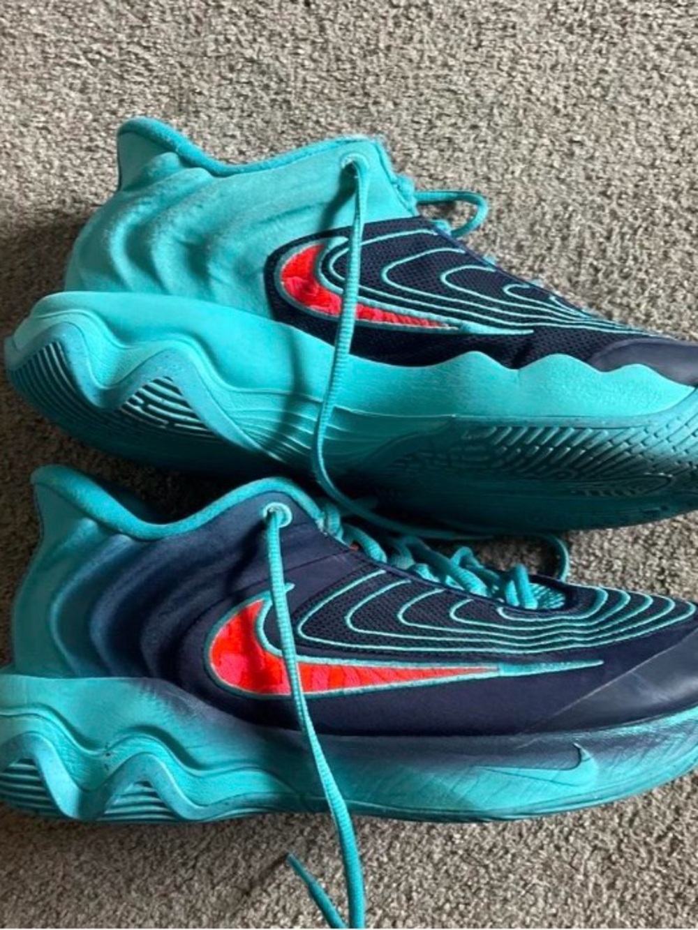 Nike Kids Teal and Navy Sneakers with Red-Orange Swoosh